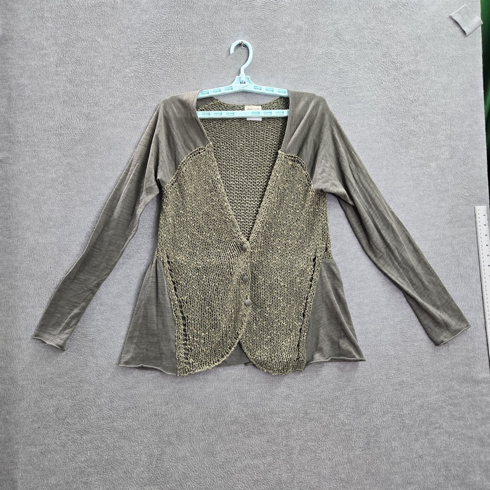 Meadow Rue Women Cardigan L Green Anthropologie Cotton Nylon Button V-Neck Front